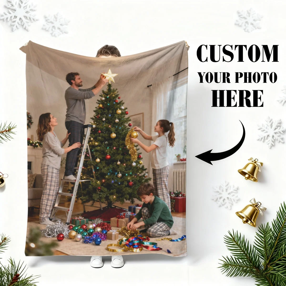قطعة واحدة من بطانية الفانيلا المخصصة لصور عيد الميلاد العائلية - طباعة عالية الوضوح لا تتلاشى، خفيفة الوزن، دافئة، صديقة للبشرة، قابلة للغسل في الغسالة، مناسبة لأرائك غرفة المعيشة، وسرير غرفة النوم، وبوليستر عالي الجودة عالي الجودة بنسبة 100% - مناسبة لأفراد عائلة عيد الميلاد