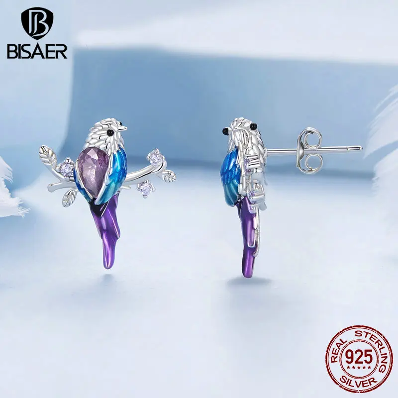 BISAER 925 Sterling Silver Bird Stud Earrings Enamel Animal Purple Zircon Ear Clip Plated Platinum For Luxury Woman Fine Jewelry