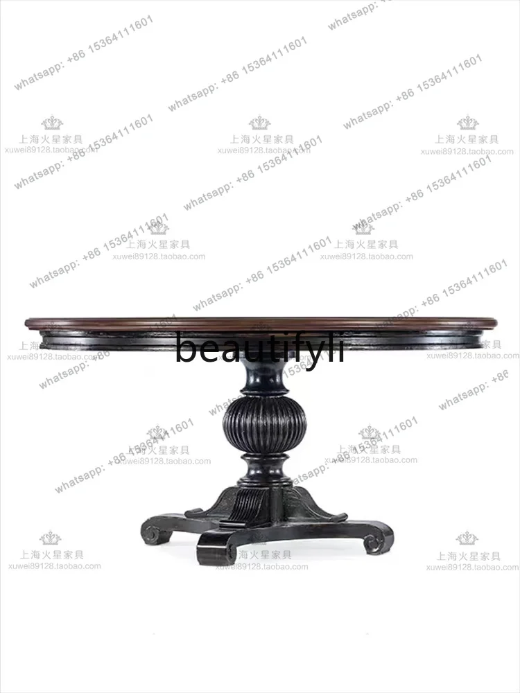 American retro solid wood black round dining table and chair combination French simple small apartment, dining table