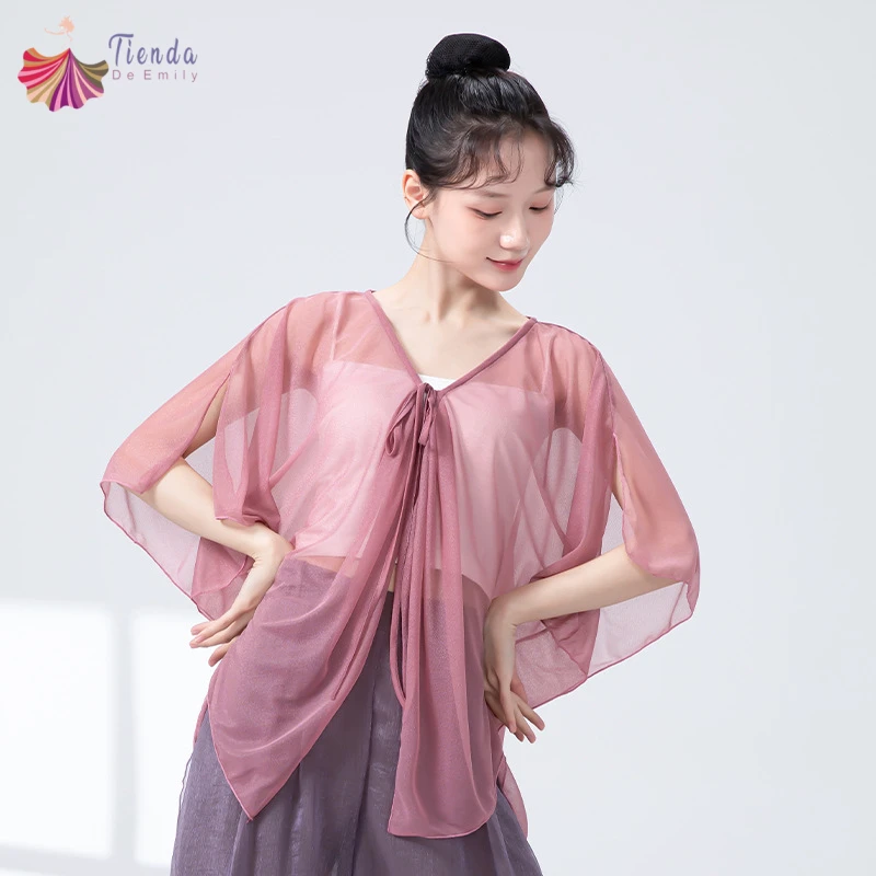 Top da danza classica da donna Manica a pipistrello divisa Cardigan legato fluido Costumi di performance popolare cinese Camicetta sari ampia Grembiule