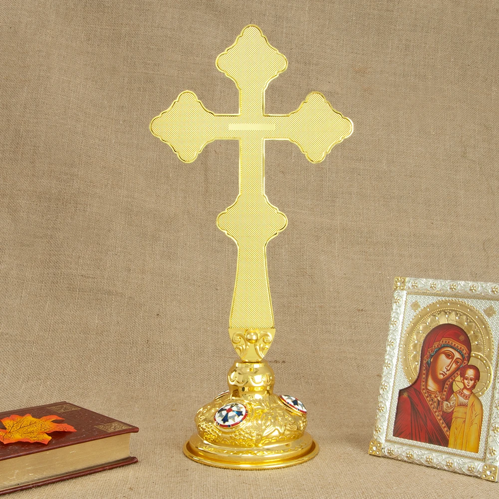 HTISOK 15 Zoll Orthodoxes Stehendes Jesus-Kreuz, Zinklegierung Vergoldetes Kreuz, Religiöse Dekoration mit Sockel, Geschenk für Gläubige – Detail 5