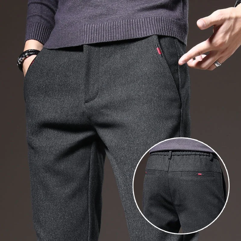 Autumn Winter Men\'s Straight Leg Long Daily Pants Thicken Casual Narrow Leg Trousers Stylish Male Snow Plush Thermal Warm Pants