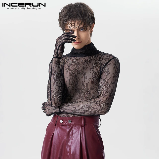 INCERUN 2023 Men T Shirt Lace Mesh Transparent Turtleneck Long Sleeve Gloves Camisetas Streetwear Sexy Fashion Party T shirts 7 AliExpress