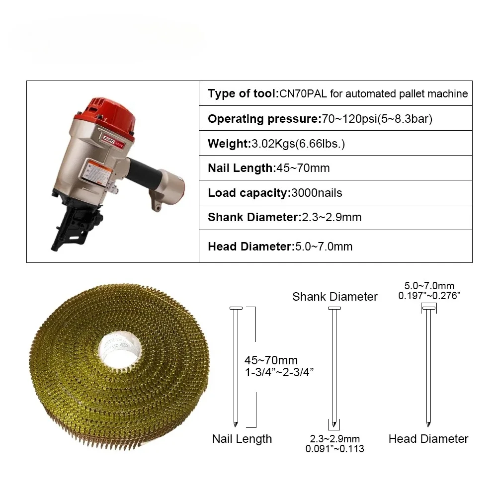 Cn70pal industrial pneumático bobina nailer gatilho automático movido a ar com alto valor para máquina de paletes automática prego