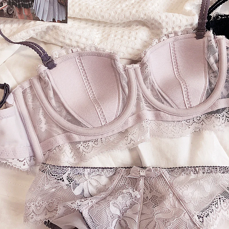 Sexy French Lace Embroidery Lingerie Set Women 1/2Thin Cup Push Up Bra Detachable Strap Anti-slip Lavender Brassiere and Panties