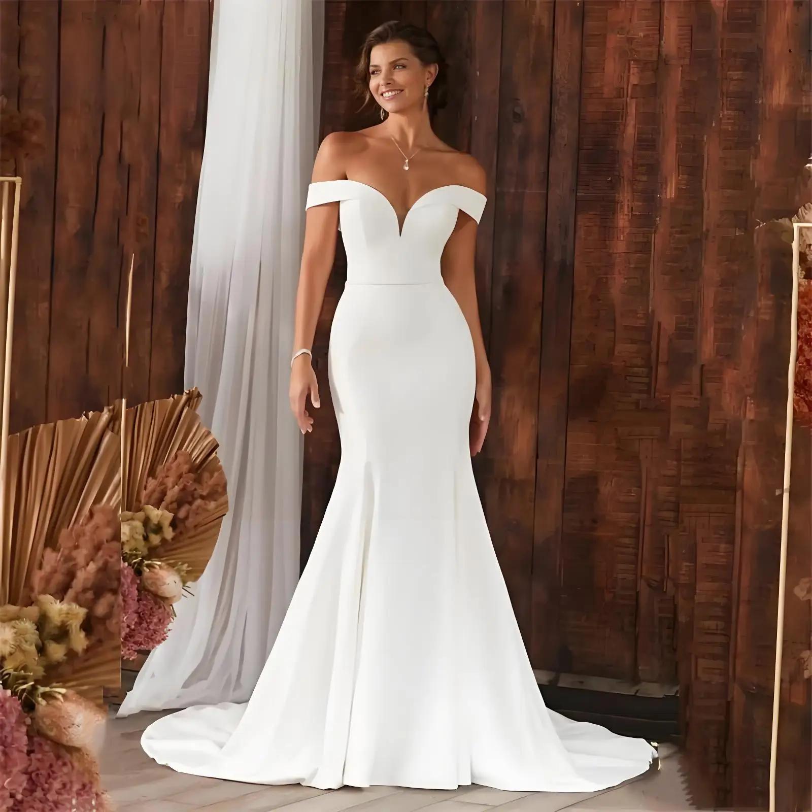 Beshinel Abiti da sposa a sirena bianchi personalizzati con scollo a cuore aperti sul retro con spalle scoperte Abiti da sposa Treno Abiti da Noiva
