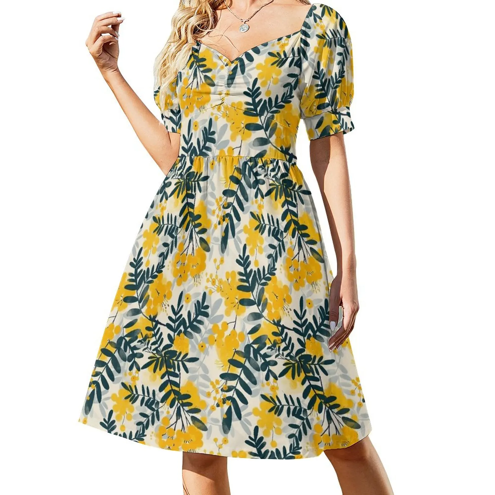 

Mimosa Flowers Pattern Short-Sleeved Dress long dress women summer Women's evening dress women's elegant loose dresses
