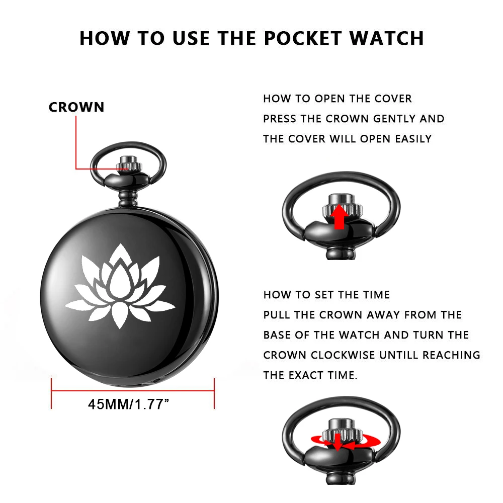 Карманные часы с изображением лотоса, резьба на английском, алфавит, циферблат, цепочка, черные кварцевые часы, идеальный подарок для девочек