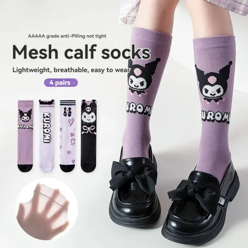 4pairs Brand Sanrio Knee Long Sock Breathable Thin Hello Kitty Kuromi Cinnamoroll Girls Middle Tube Socks Calf Sock