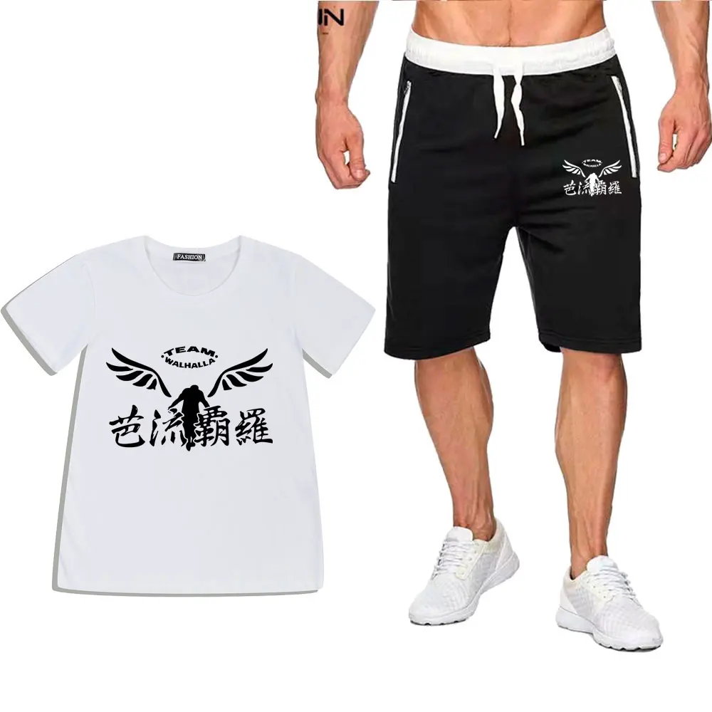 Verão conjunto de duas peças anime algodão masculino camiseta + conjuntos de esportes dos homens tóquio vingers shorts pantsuit t camisas define sweatpants