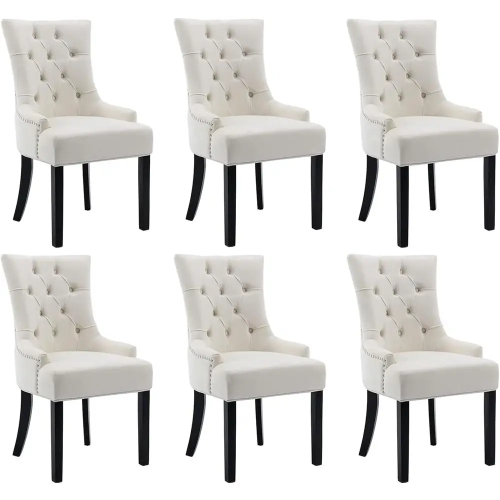 

Set of 6 Upholstered Side Chairs with Button Tufting, Black Wooden Legs, Suitable for Dining and Living Rooms, Cream