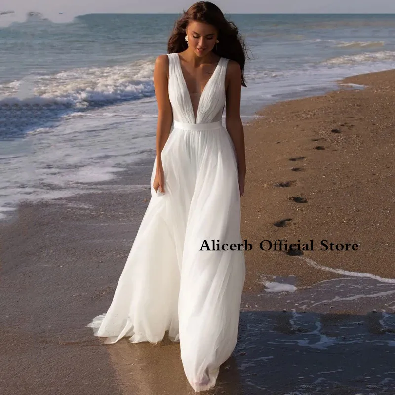 Beach Bridal Wedding Dresses For Women Sleeveless V Neckline Boho Bride Gown Backless 2024 Flowy Bridal  Robes De Mariée