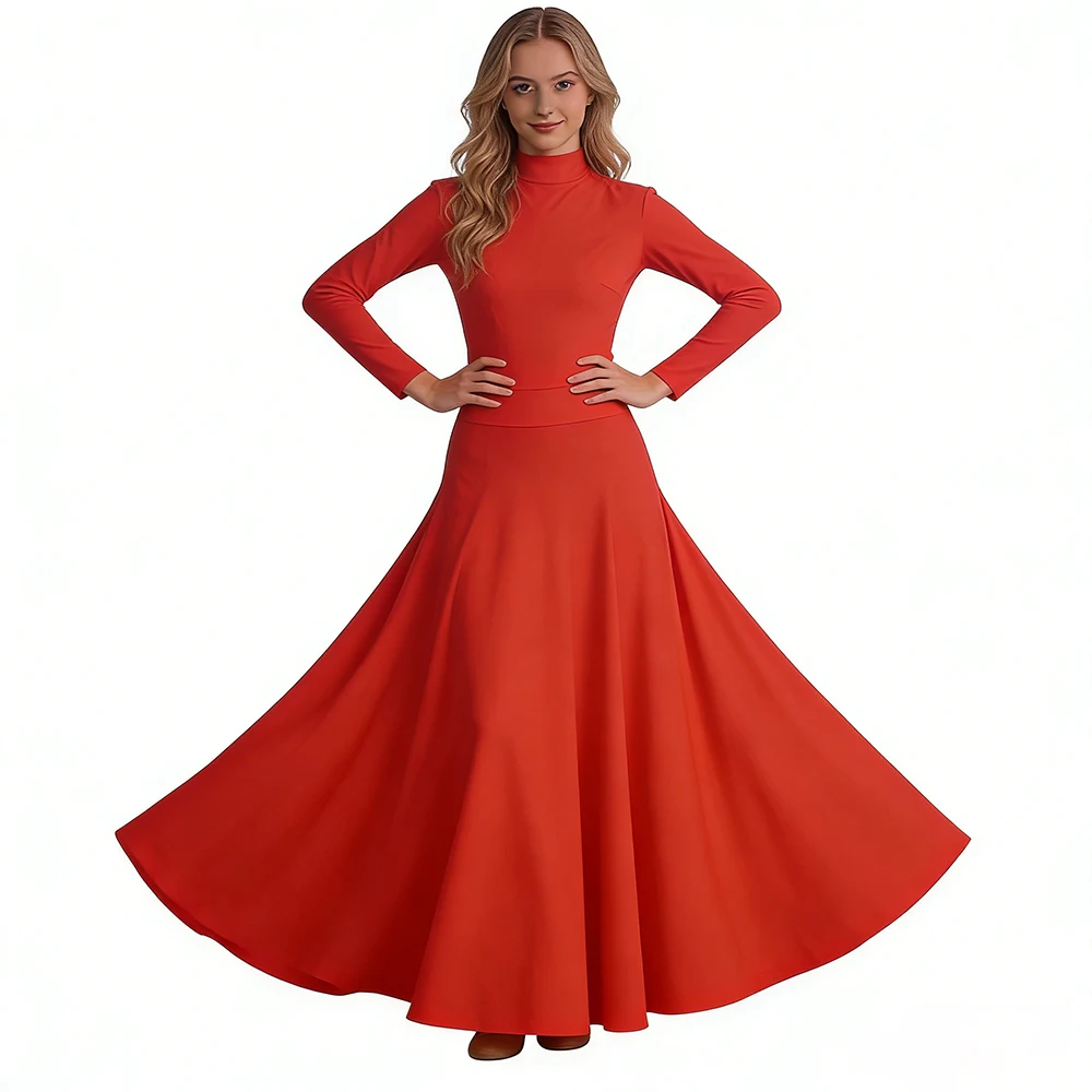 

2026 New Women Red Ballroom Dance Dress High Neck Long Sleeve Modern Waltz Competition Gown Big Swing Practice Costume