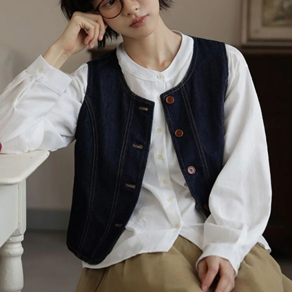 

Fashion Y2K Vintage Denim Vests All Match Round Neck Cropped Sleeveless Jacket Retro Streetwear Waistcoat Women Ladies