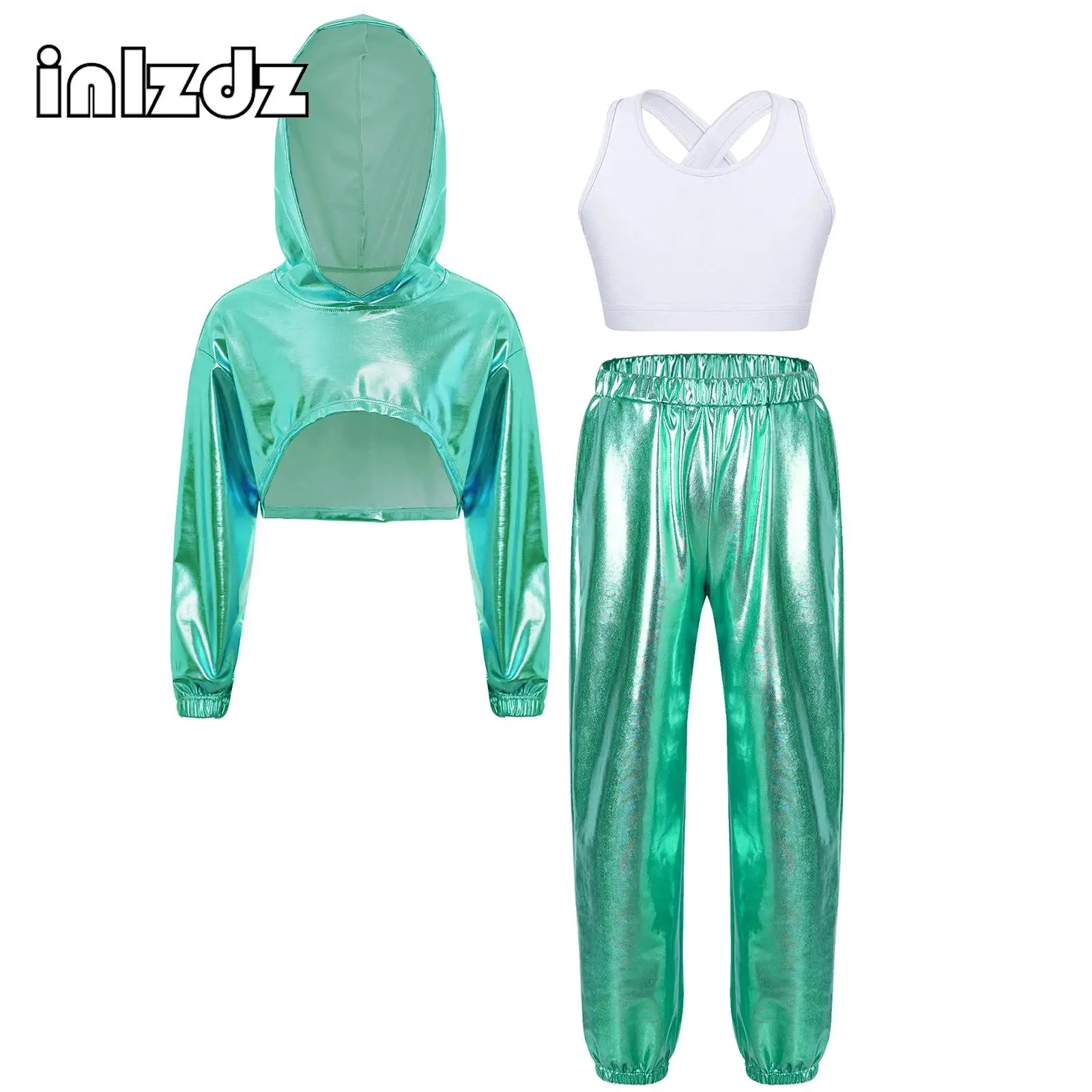 

3Pcs Kids Girls Hip-Hop Jazz Dance Costume Outfit Long Sleeve Metallic Cropped Hoodie with Vest And Pants for Performance Party