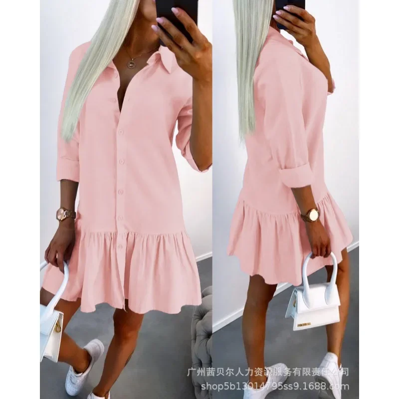 Women Solid Ruffles Pleated Stitching Dress 2024 Spring New Shirt Dress Women Long Sleeve Single-Breasted Turn-down Collar Dress