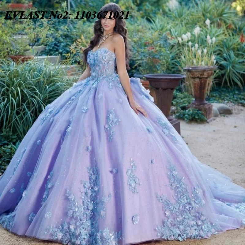 فستان Quinceanera لامع مخصص من EVLAST فستان حفلة لامع مزين بالزهور والخرز كيب سويت 16 فيستدوس دي 15 أنوس E2QA88 #3