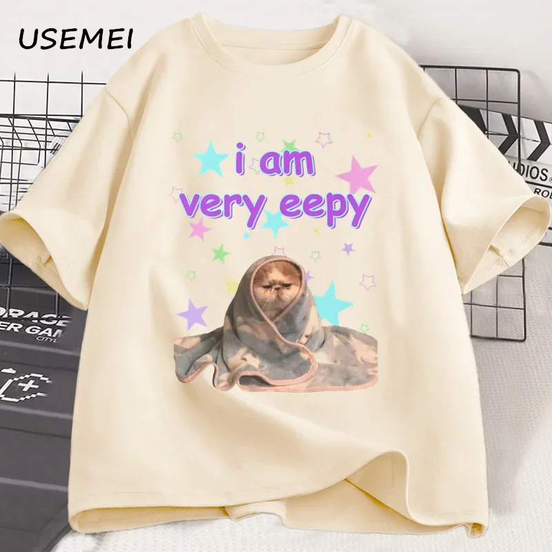 I Am Very Eepy Funny Cat Blanket T-Shirt Cute Sleepy Cat Graphic Tee Women Men Round Neck Print T Shirt Short Sleeve Streetwear