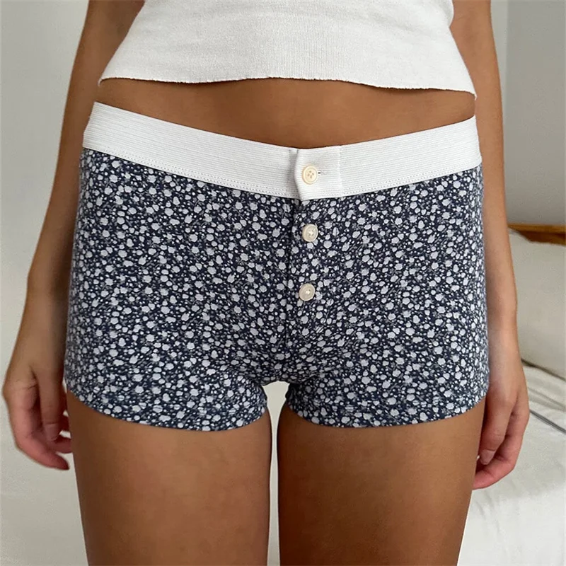 Woman Floral Y2k Shorts Woman Three Buttons Elastic Waist Patchwork Straight Short Pant Sweet Cute Underwear