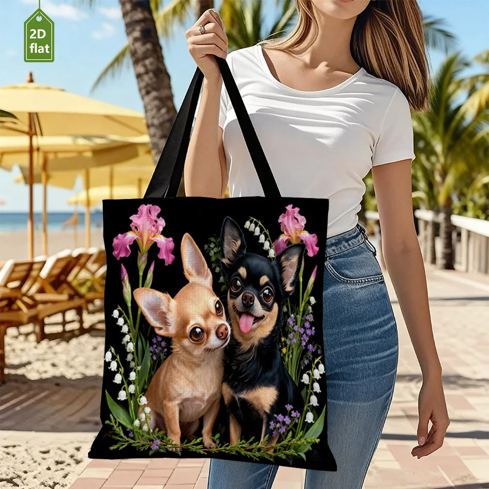 1pc Two Cute Chihuahuas with Flowers Double-Sided Printing Handbag Durable Rectangular Tote Bag Foldable