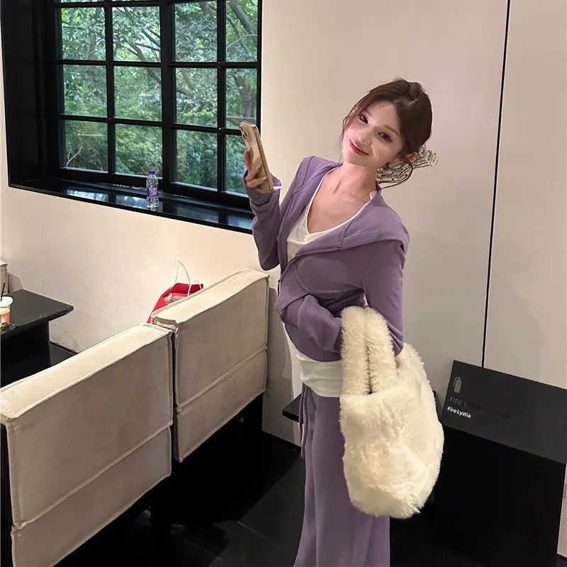 American Sle Hot Girl Violet Gaine à la taille à capuche Cardigan ouvert Sweat-shirt Femme Automne Hiver Dstring Taille haute Swe...