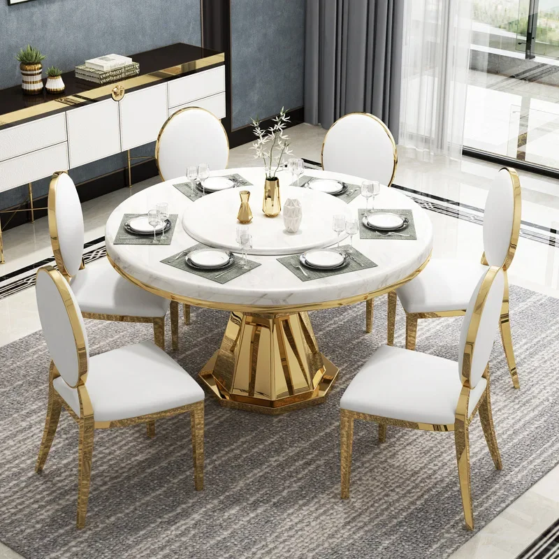 Luxury Gold Metal frame round marble top turntable white dinner full dining table set 6 seater for dining room kitchen furniture