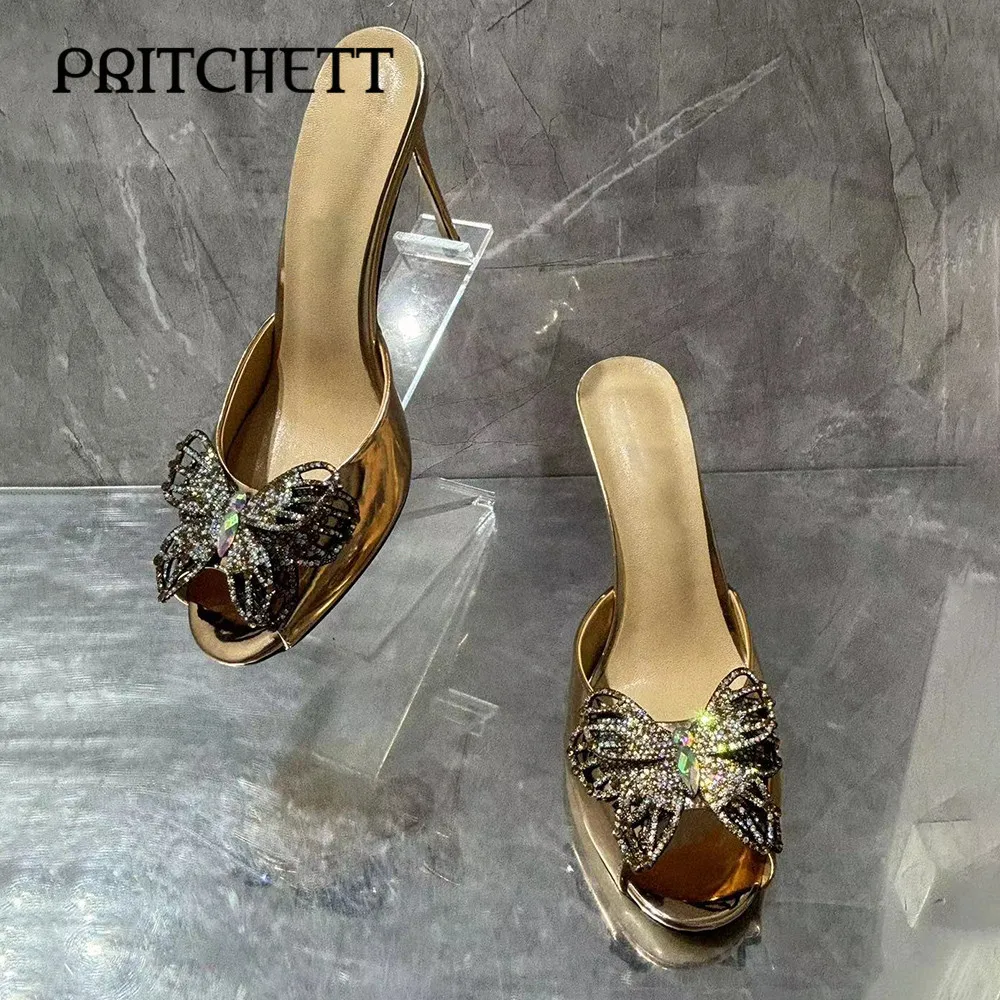 Rhinestone Three-Dimensional Butterfly Slippers Gold Patent Leather Fish Mouth Round Toe High-Heeled Sandals Women's Shoes