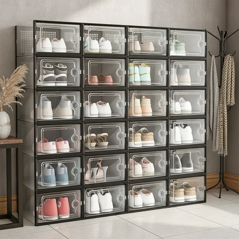 X-Large Shoe Storage Boxes Organizers Clear Plastic Stackable 12 Pack, Multi Functional Shoe Rack Shoe Box Foldable Shoe Storage
