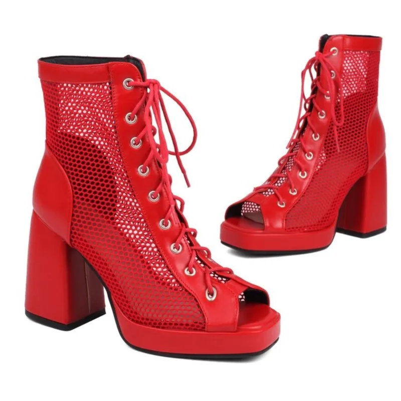 

Spring and Autumn Sexy Open Toe Transparent High Heel Dance Shoes Ankle Boots Women's Mesh Hollow Lace Sandals