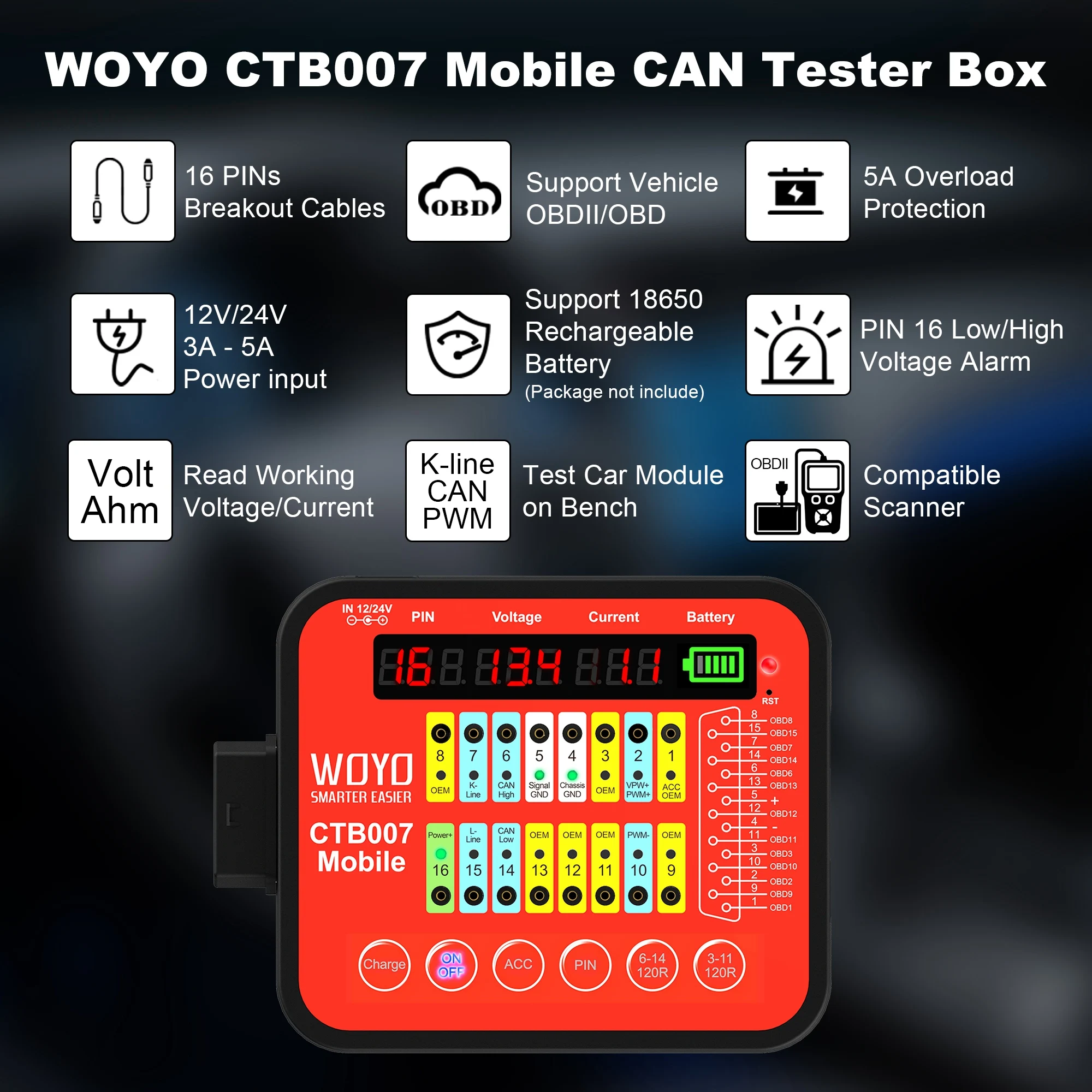 WOYO CTB007 Mobile ECU Circuit Board Testing Tool Provide ACC Power CAN Tester Box with 120 Ω Switches OBD2 Breakout Test Box