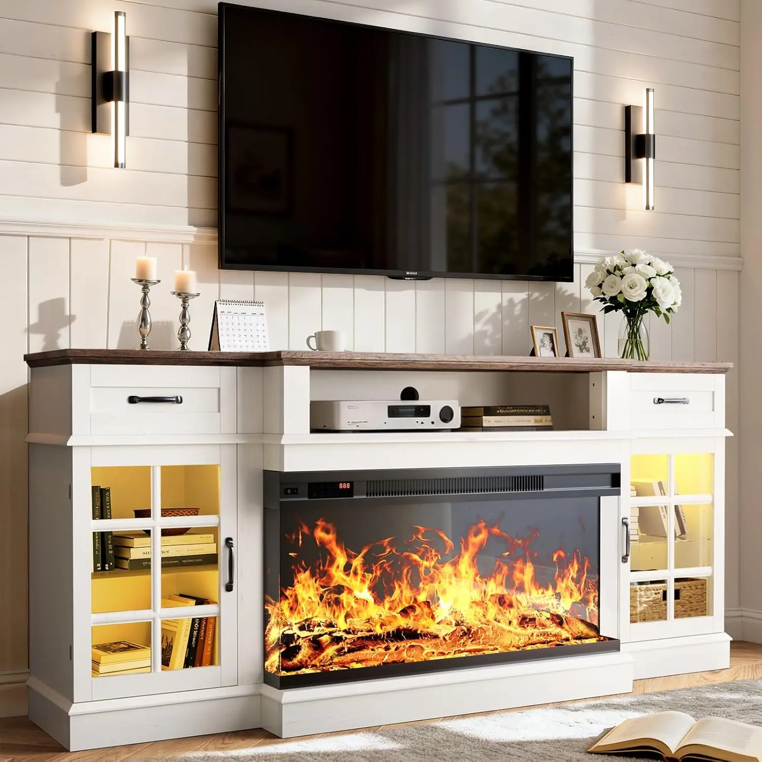 

70" TV Stand with 36" Electric Fireplace, Entertainment Center Console Table for TV up to 80'', Fireplace TV Stand, White
