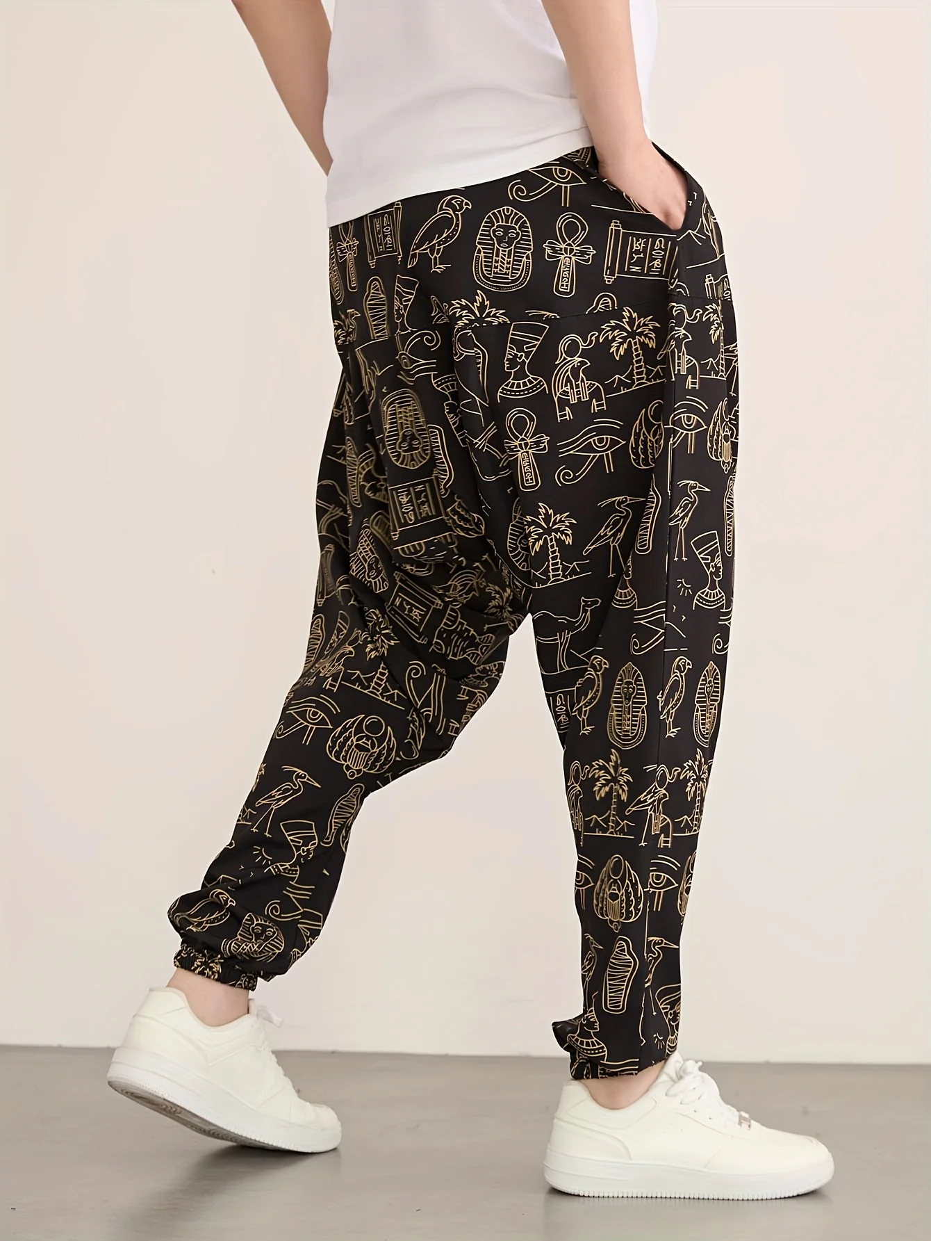 Men's summer casual harem pants, drawstring waistband and pockets - black with gold illustration