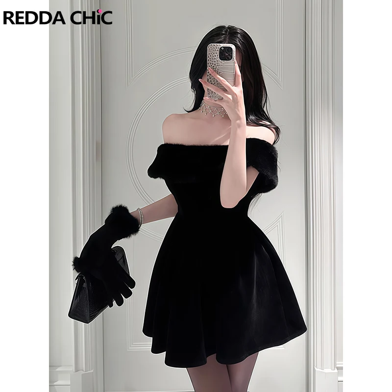 

REDDACHiC Рождественское бархатное праздничное платье с перчатками на одно плечо, пушистый корсет с рюшами, пышное мини-платье, женская одежда в стиле ретро на день рождения
