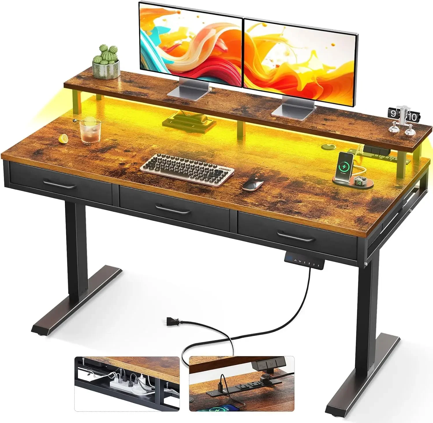 

AODK Electric Standing Desk with Drawers, 55 Inch Height Adjustable Desk with Power Outlets & LED Lights, Sit Stand Table with M