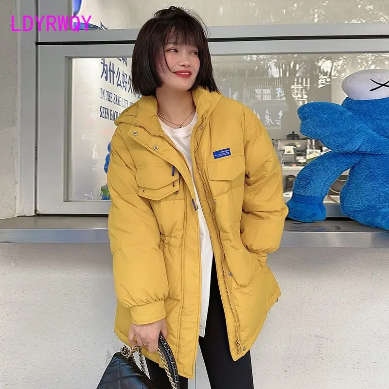 2022 New Women's Fashion Autumn and Winter Thickened Mid length Hooded Cotton Shirt Waist Shrinking Slim Coat