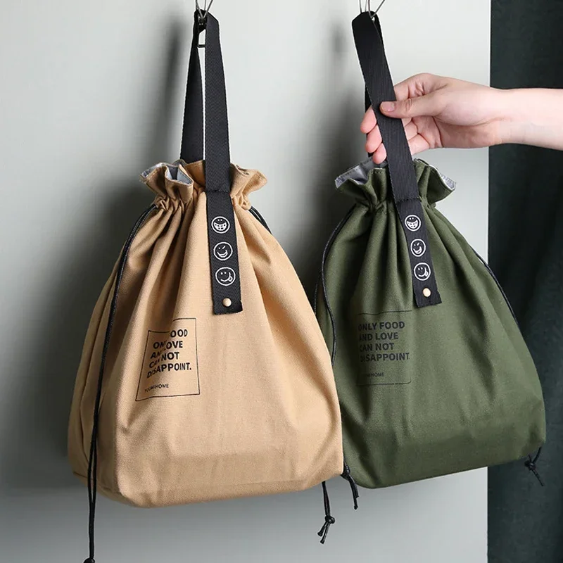 Simple Drawstring Strap Insulated Lunch Bag Drawstring Storage Canvas Lunch Bag Camping Picnic Bag Camping Travel Accessories