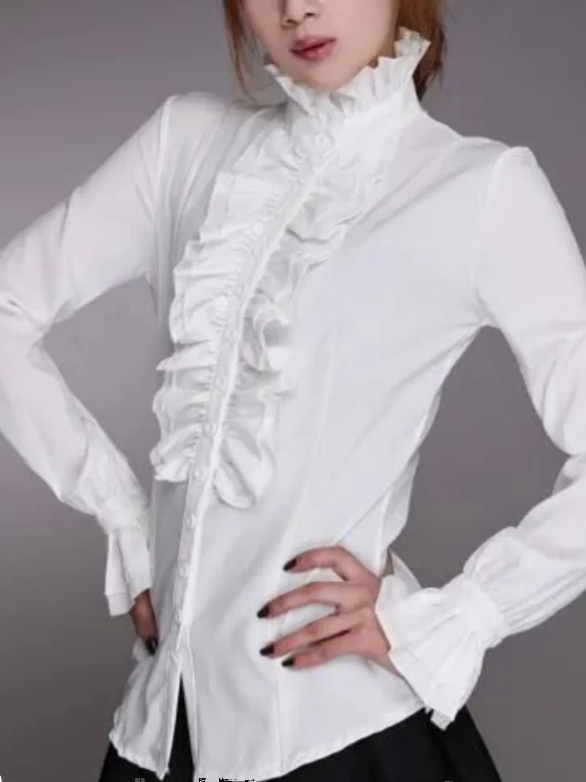 

Женская повседневная рубашка с высоким воротником, рюшами, расклешенными рукавами, однотонная, в уличном стиле, приталенная, с длинными рукавами, на пуговицах