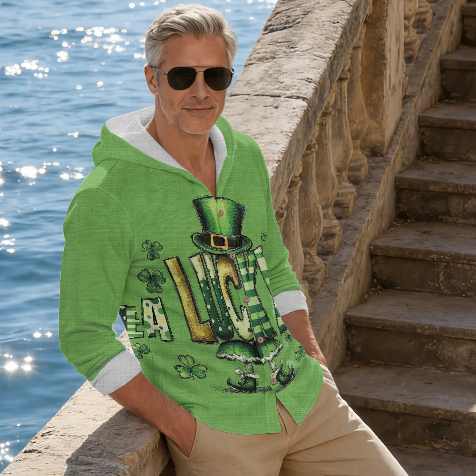 PENSTROLL Versatile Linen Like Casual Beach Top Button Up Hooded Tops for Summer St. Patrick's Day