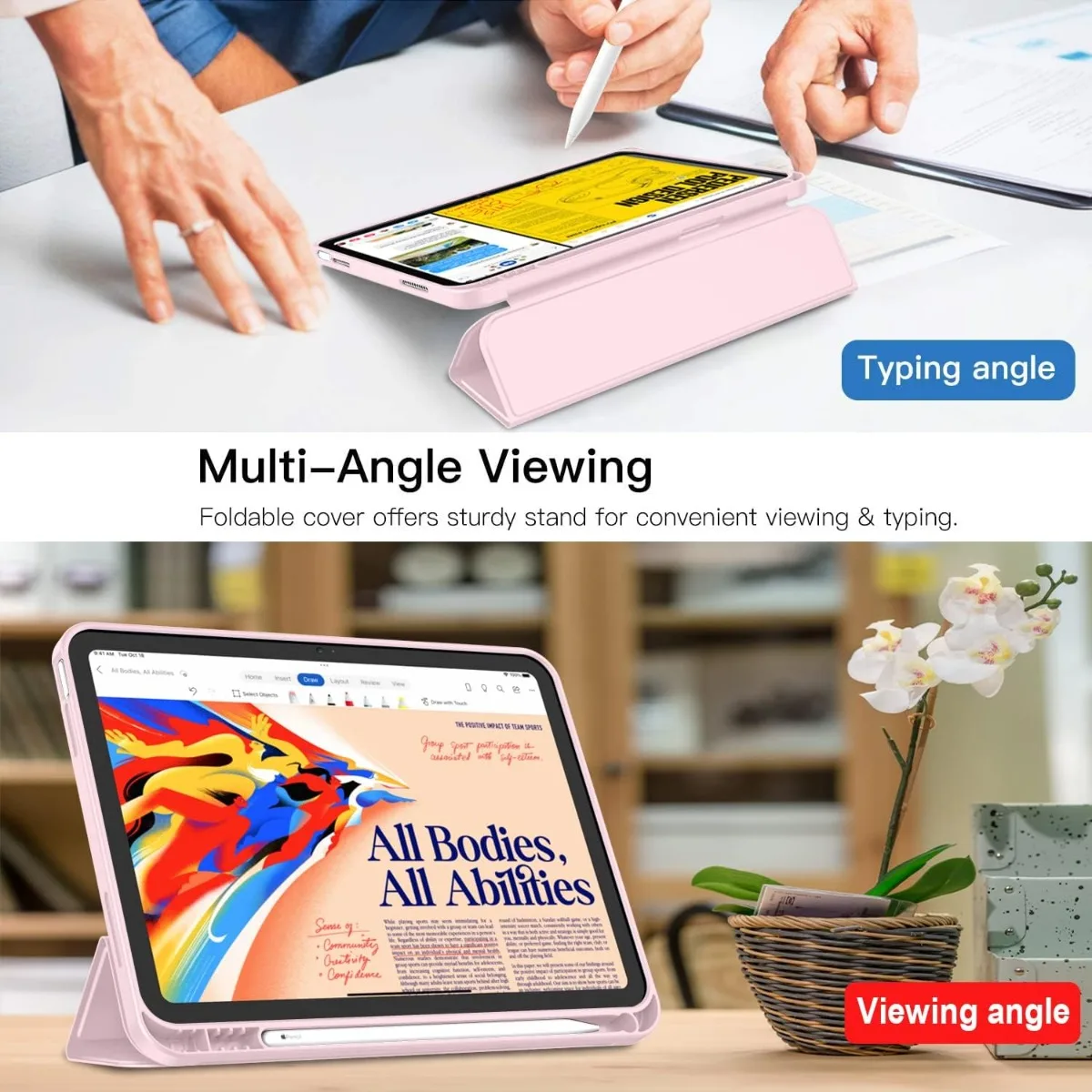 Capa para iPad (A16)/estojo para iPad de 10a geração [11 polegadas 2025/10,9 polegadas 2022] com porta-lápis, capa com parte traseira macia, sono (rosa)