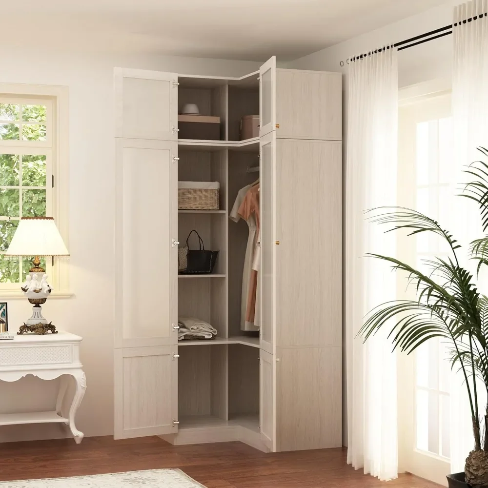 

Shape Armoire Wardrobe Closet with Frosted Glass Doors, Hanging Bar & Shelves, Wooden Closet Storage Cabinet with Top