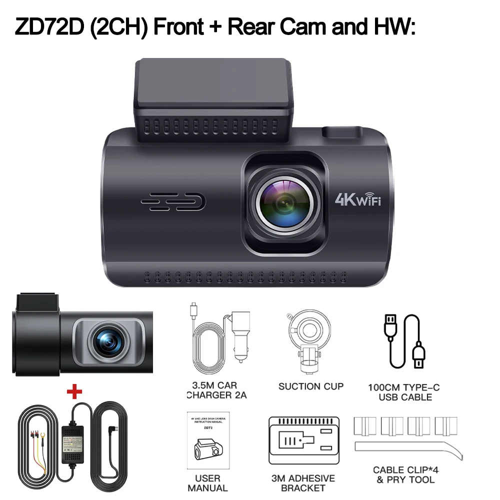BEPOCAM Dashcam 4K+1080P Dubbele Dashcam voor Auto Ingebouwde WiFi GPS 3.19" Scherm Auto DVR 24H Parking Modus Nachtzicht Zwarte Doos