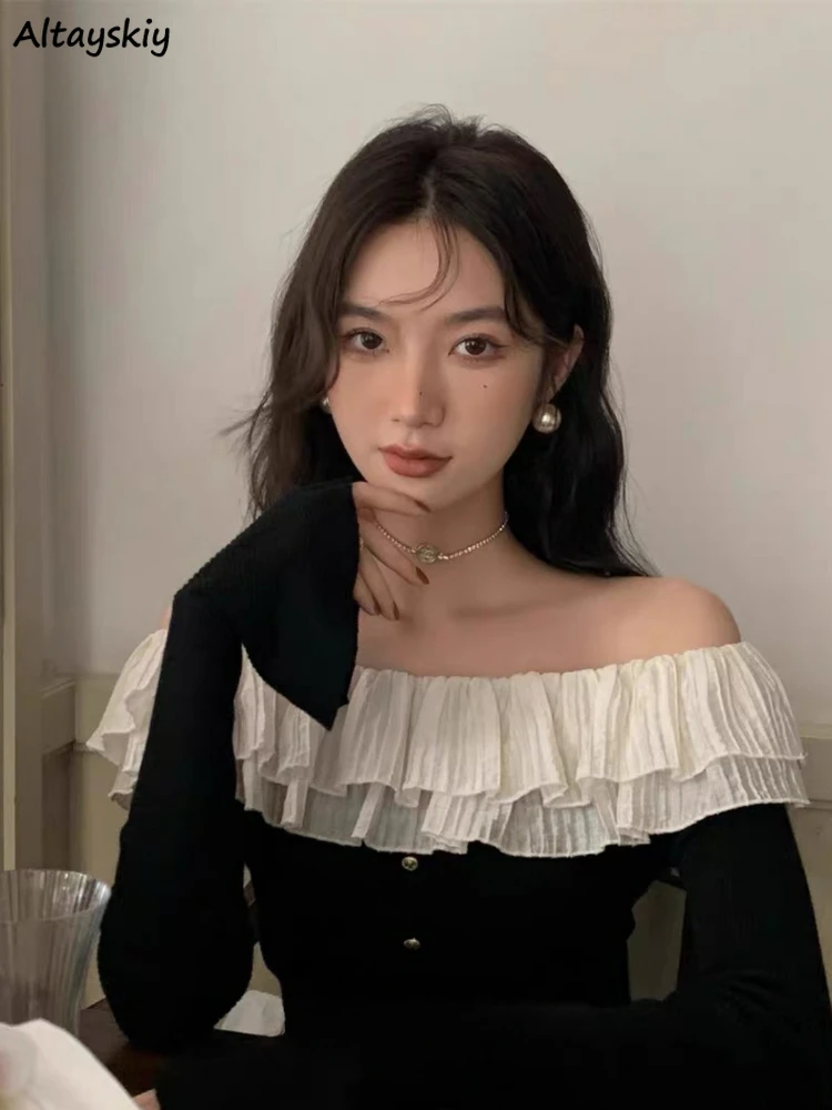 

Футболка женская с оборками и воротником-лодочкой, однобортная универсальная плиссированная рубашка во французском ретро стиле, на пуговицах, с длинным рукавом, в стиле пэчворк