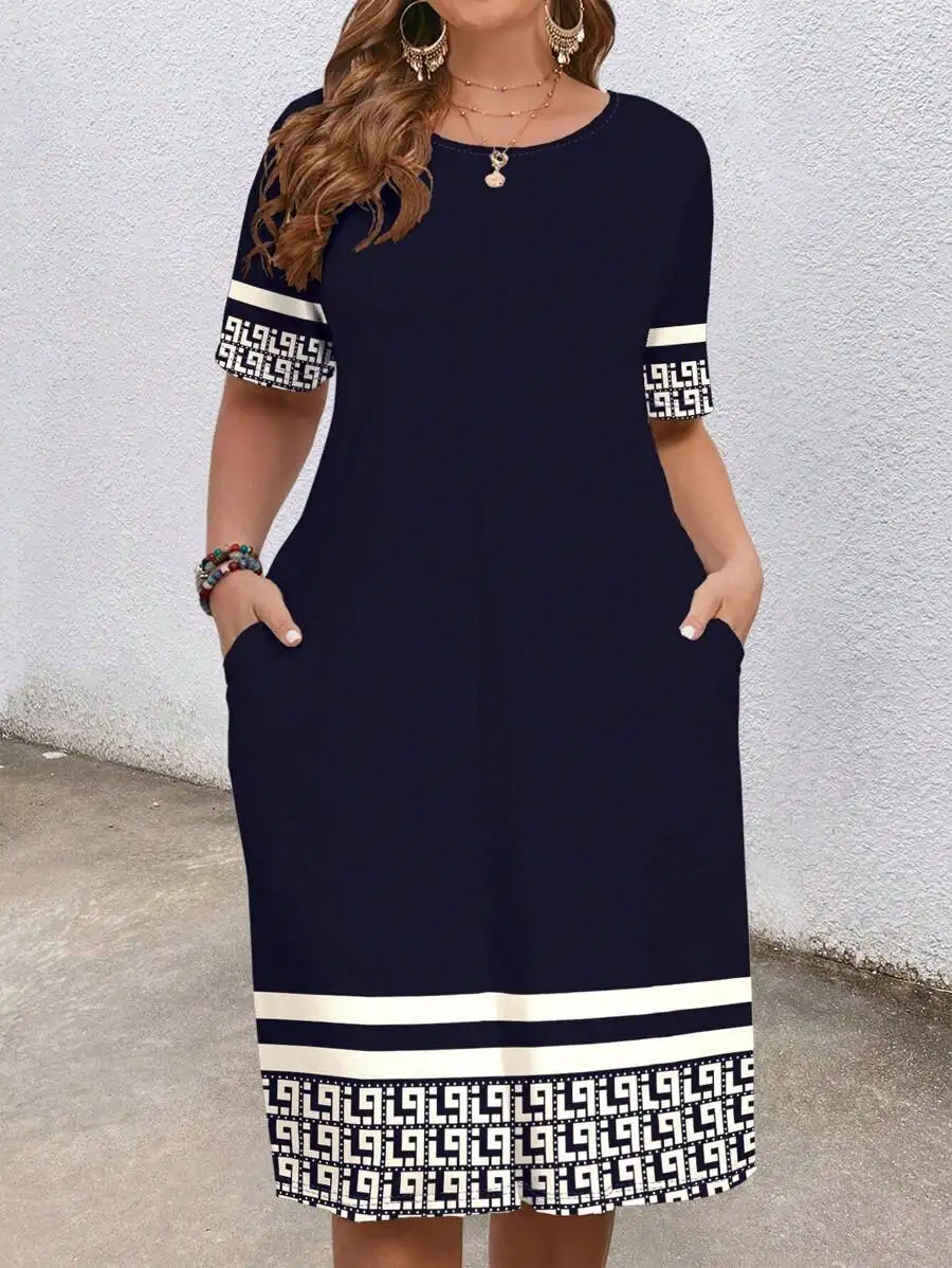 Plus Size Casual Geometric Print Dress For Women Summer Chic Midi Dress