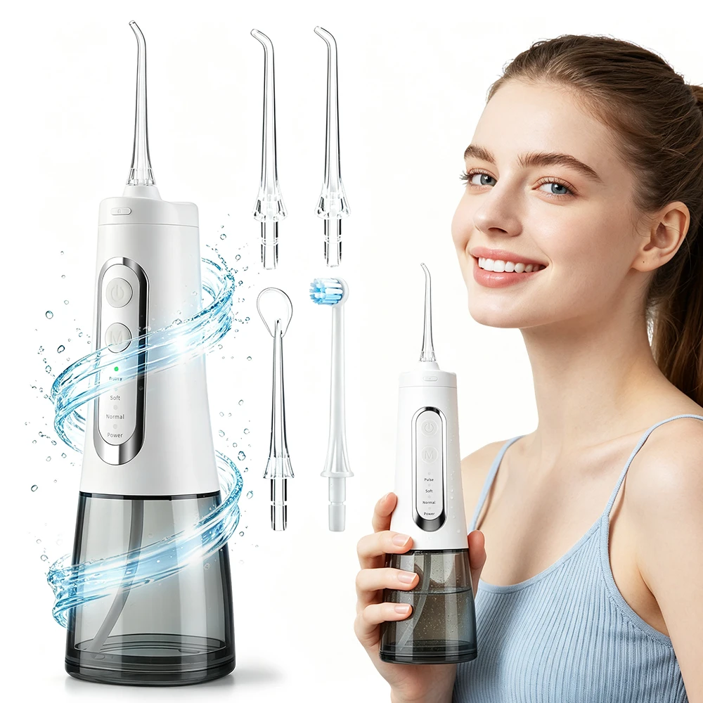 Idropulsore Senza Fili 300ml, 4 Modalità, IPX7, 1400-1600 Impulsi, USB-C, per Apparecchi Ortodontici e Cura delle Gengive