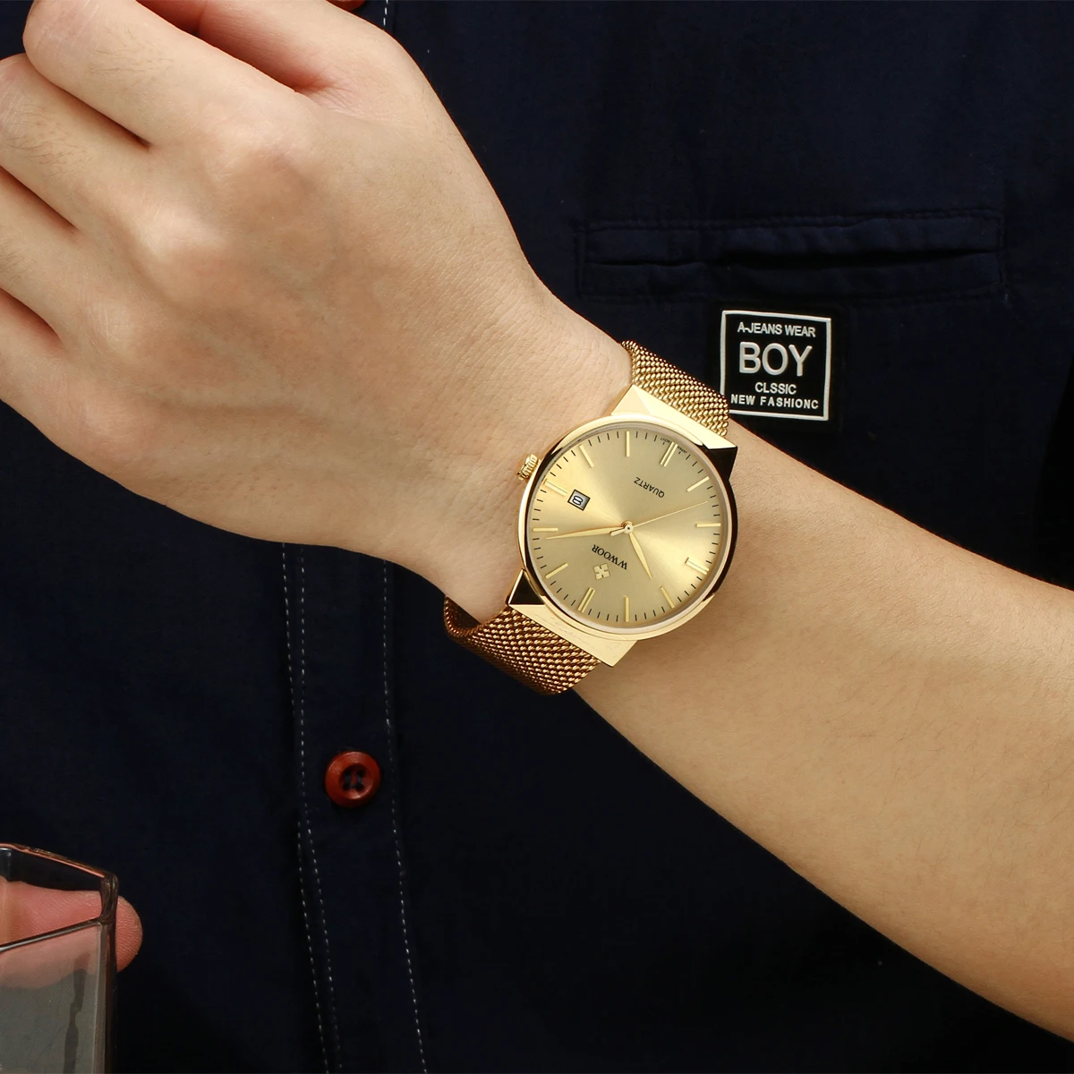WWOOR, relojes simples y delgados para hombre, marca de lujo, malla de acero dorado, reloj de pulsera ultrafino resistente al agua con fecha, reloj