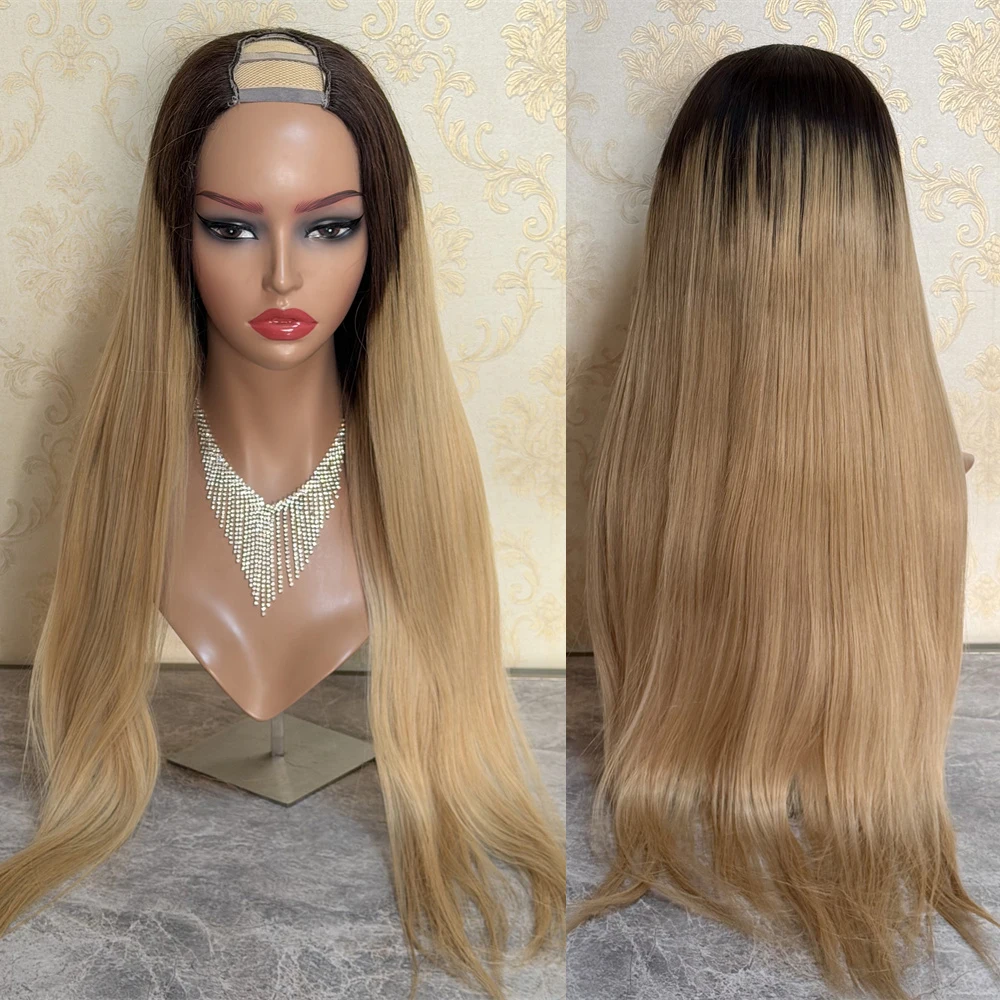 Dark Roots Ombre Blonde Human Hair U Part Wig for Women 100% Virgin Brazilian Human Hair Long Straight 2x4 Opening U Shaped Wig