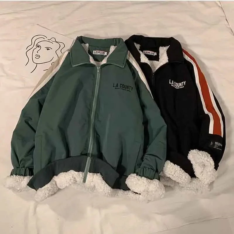 Chaquetas cálidas de lana de cordero para mujer, abrigos de solapa de manga larga sueltos coreanos, ropa de calle Harajuku, prendas de vestir informales de felpa gruesa, Y2K, Invierno