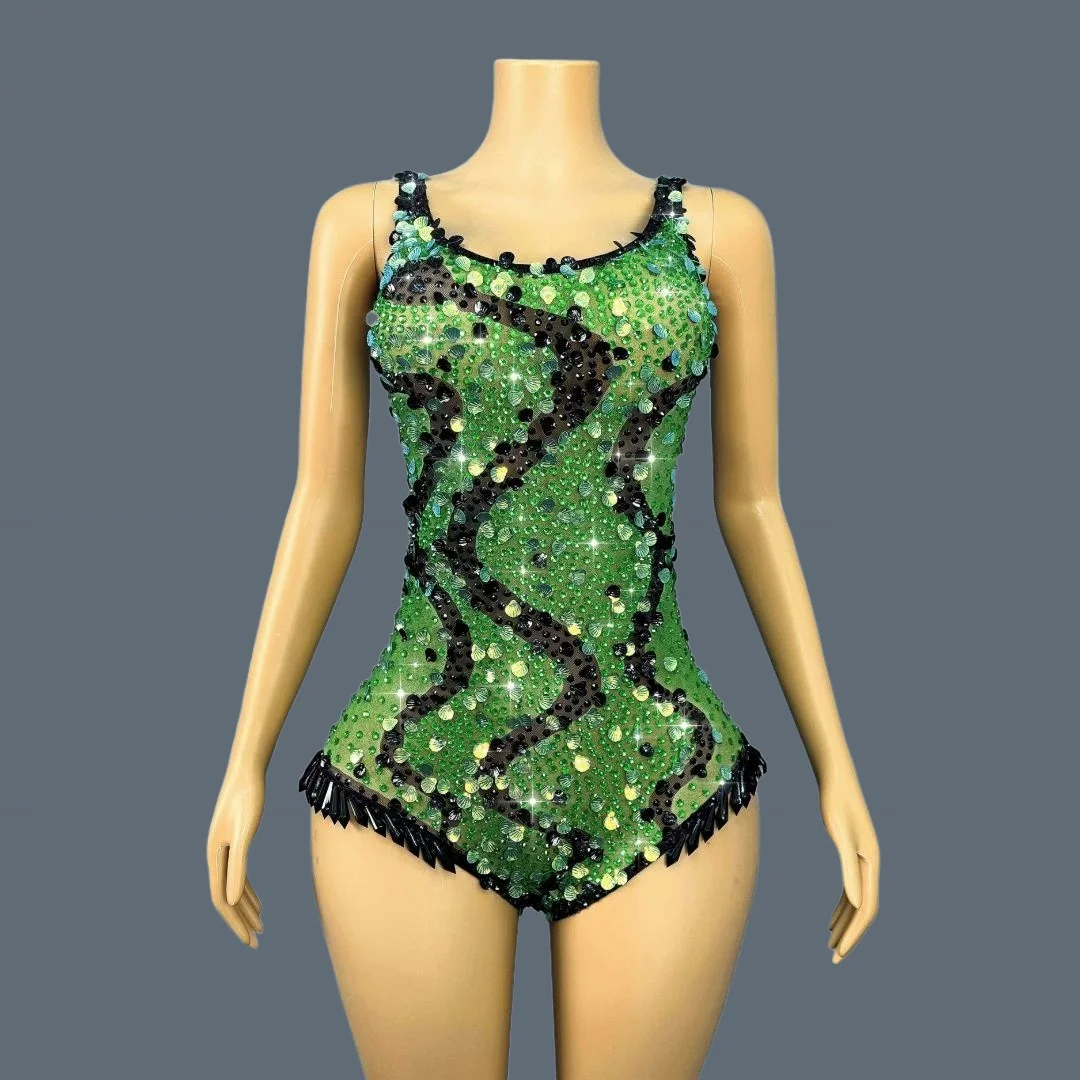 Green Shell Black Crystals Brilliant Bodysuit Event Dance Stage Show High Cut Thong One Piece Design Sleeveless Onesie Lvleishe