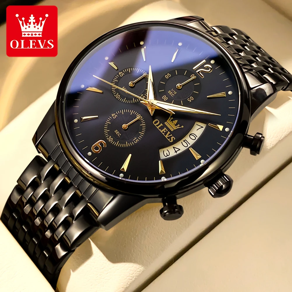 Olevs 2867 Luxe Quartz Horloge Voor Heren Roestvrij Staal Waterdicht Lichtgevende Chronograaf Auto Date Multifunctioneel Heren Polshorloge