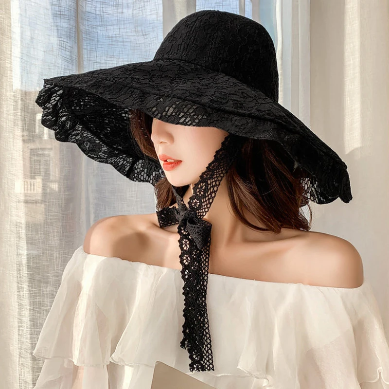 2023 New Fashion Women Summer Hat Ladies Solid Lace Wide Brim Sun Hat Bucket Cap Female Elegant Packable Panama Beach Hat